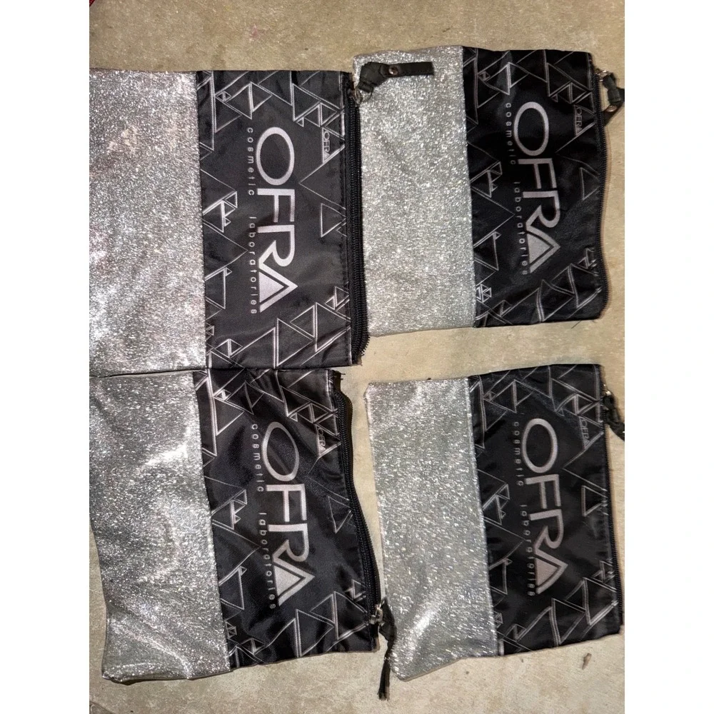 Ofra Cosmetics Silver Glitter Black Geometric Makeup Bag Set of 4 Travel Pouches